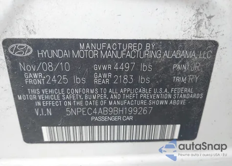 2011 Hyundai Sonata Se 2.0T z USA, uszkodzony, nr VIN 5NPEC4AB9BH199267